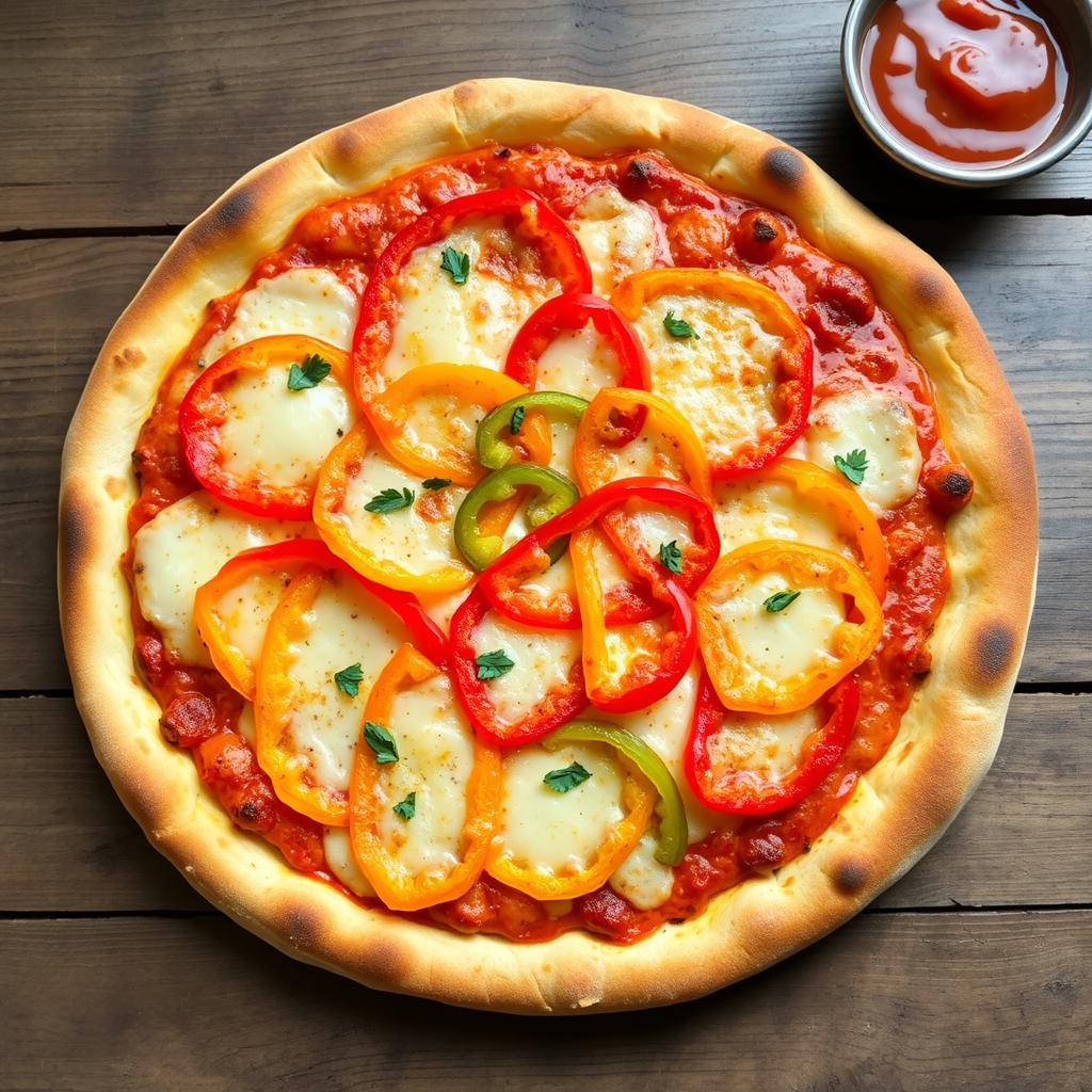 A freshly baked pizza with a perfectly golden, crispy crust topped with vibrant, crunchy slices of capsicum (bell pepper) layered generously with gooey, melted mozzarella cheese