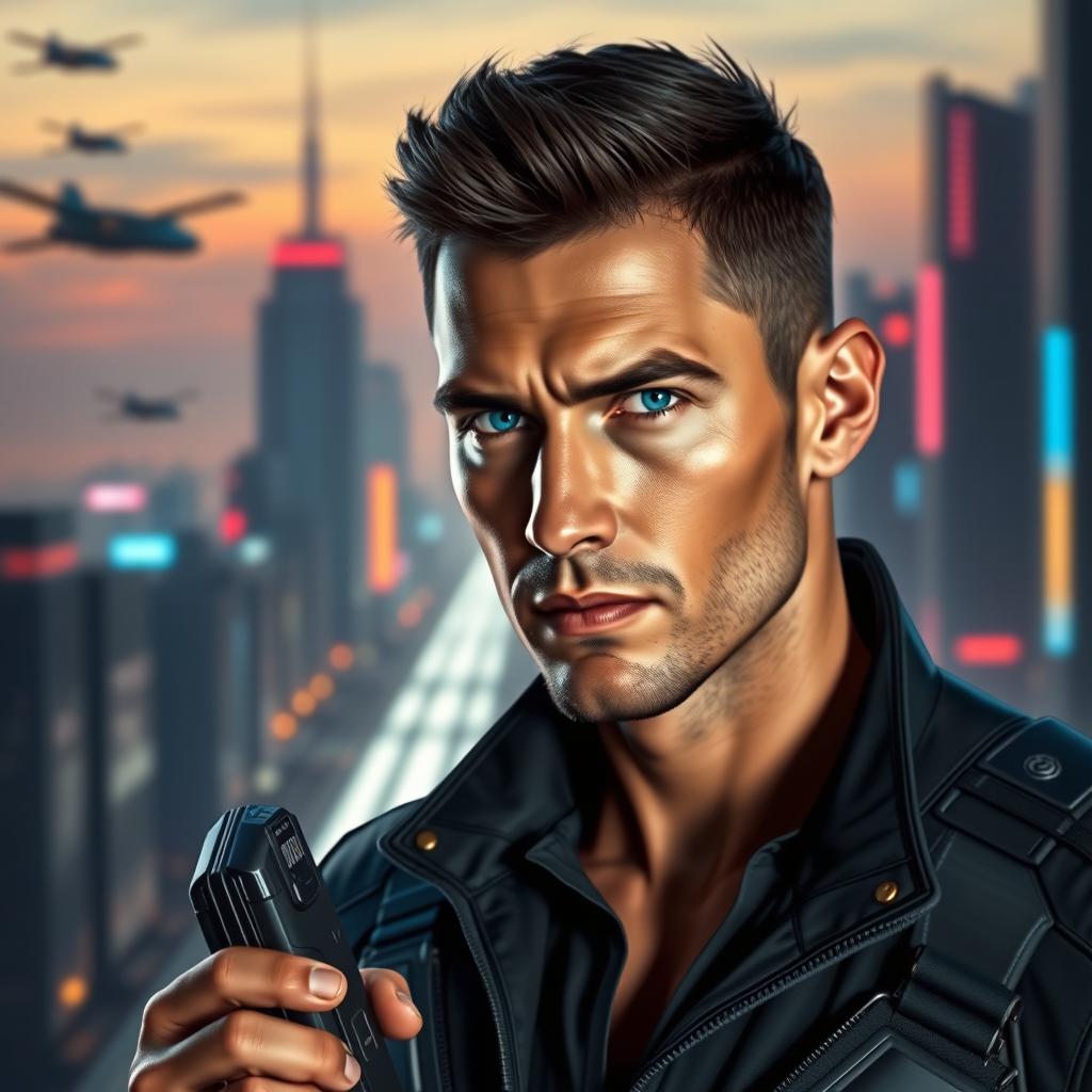 A photorealistic portrait of a science fiction secret agent male character, featuring him in a sleek, futuristic suit that combines elements of advanced technology and stealth