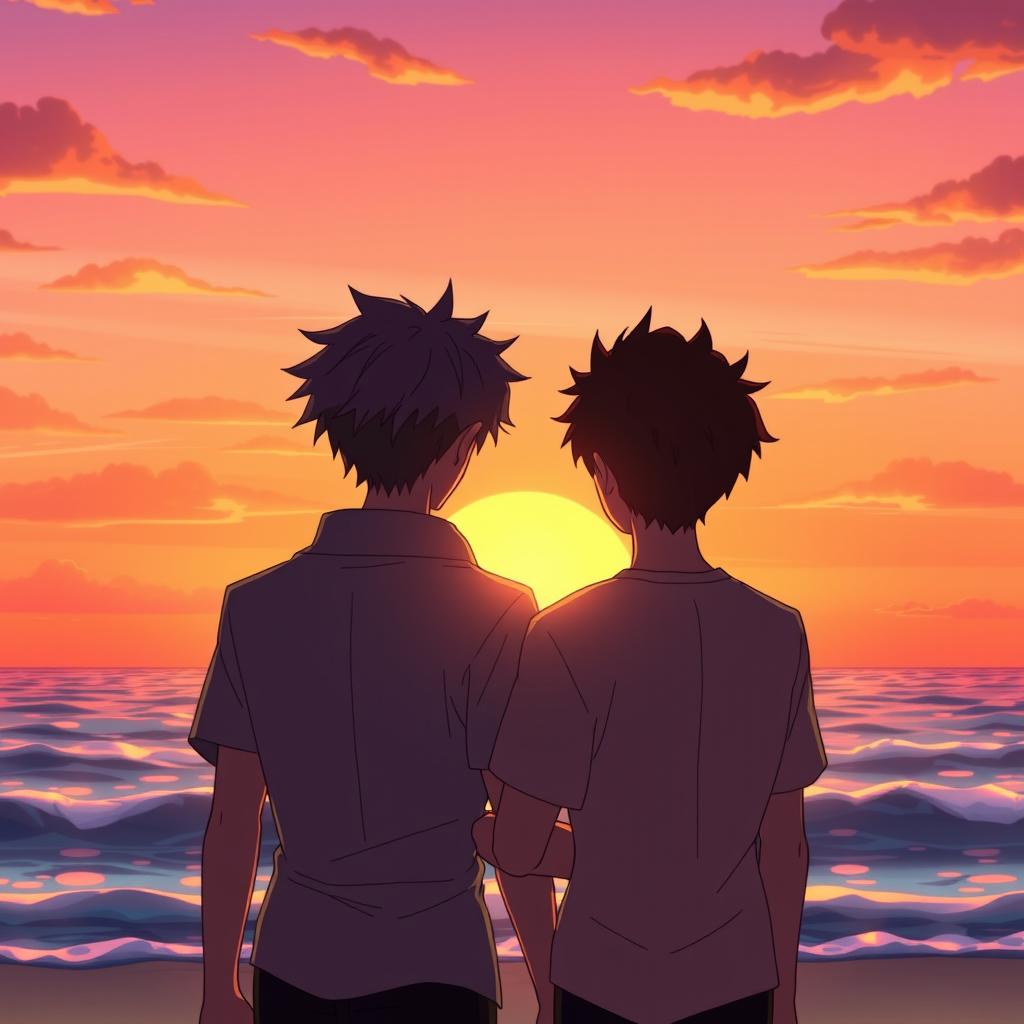 Two animated male characters standing with their backs facing the viewer, embracing each other in front of a stunning sunset at the beach