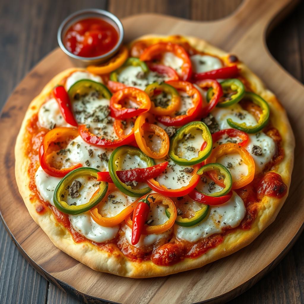 A mouth-watering pizza showcasing a medley of fresh, crunchy capsicum slices layered atop a generous amount of gooey melted mozzarella cheese