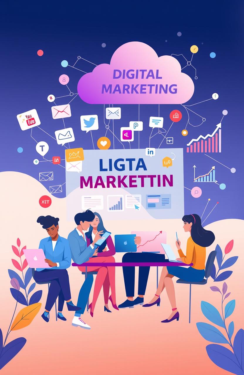 A visually engaging illustration representing digital marketing, showcasing various elements like social media icons, email marketing, SEO keywords, and analytics graphs
