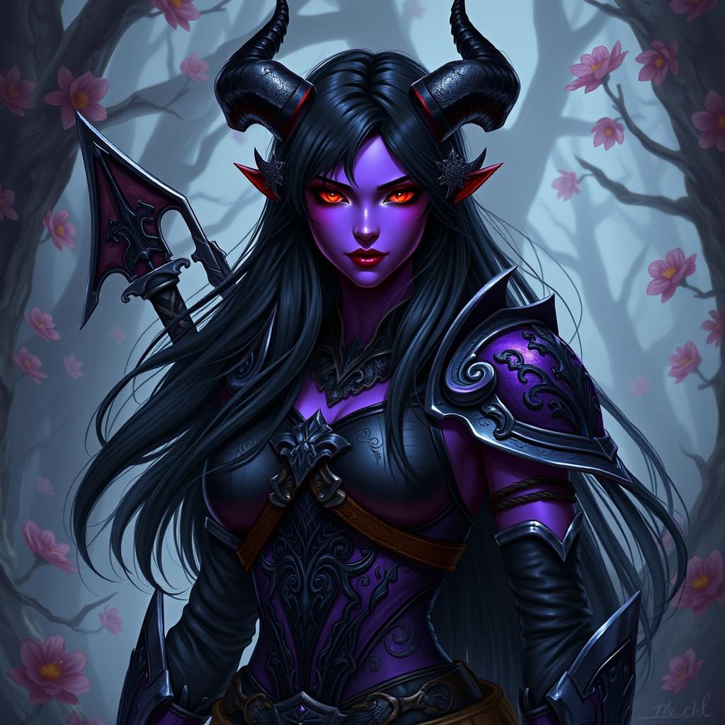 An alluring half-demon RPG character depicted as a woman with vibrant purple skin and striking red eyes