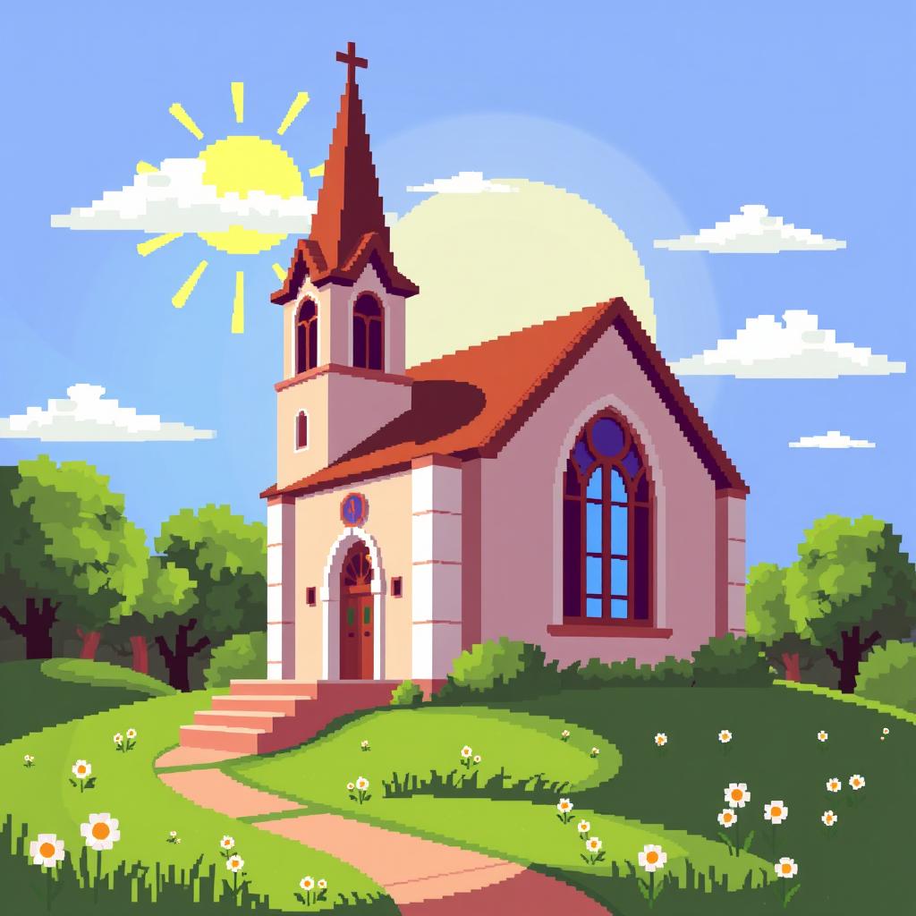 A vibrant pixel art style illustration of a charming church