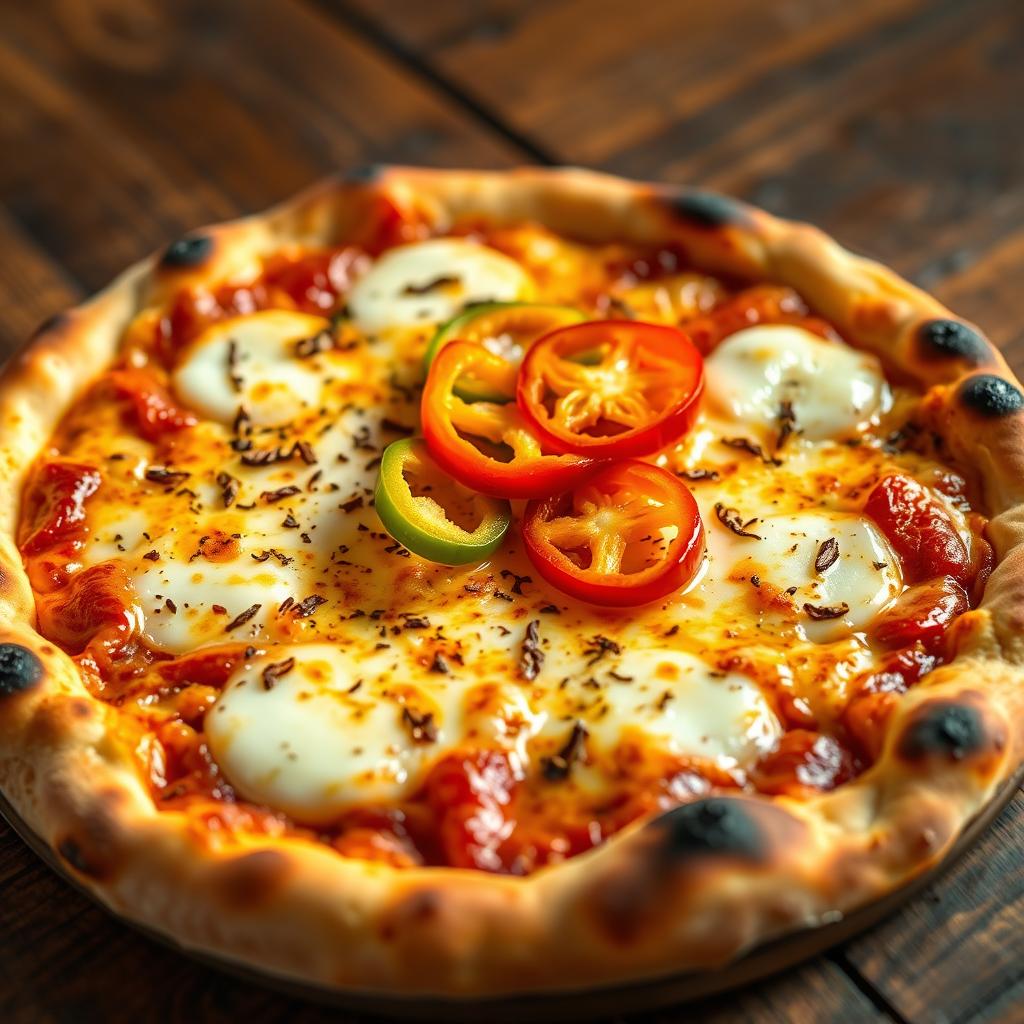 A realistic and appetizing pizza, freshly baked with a golden, crispy crust that is slightly charred at the edges