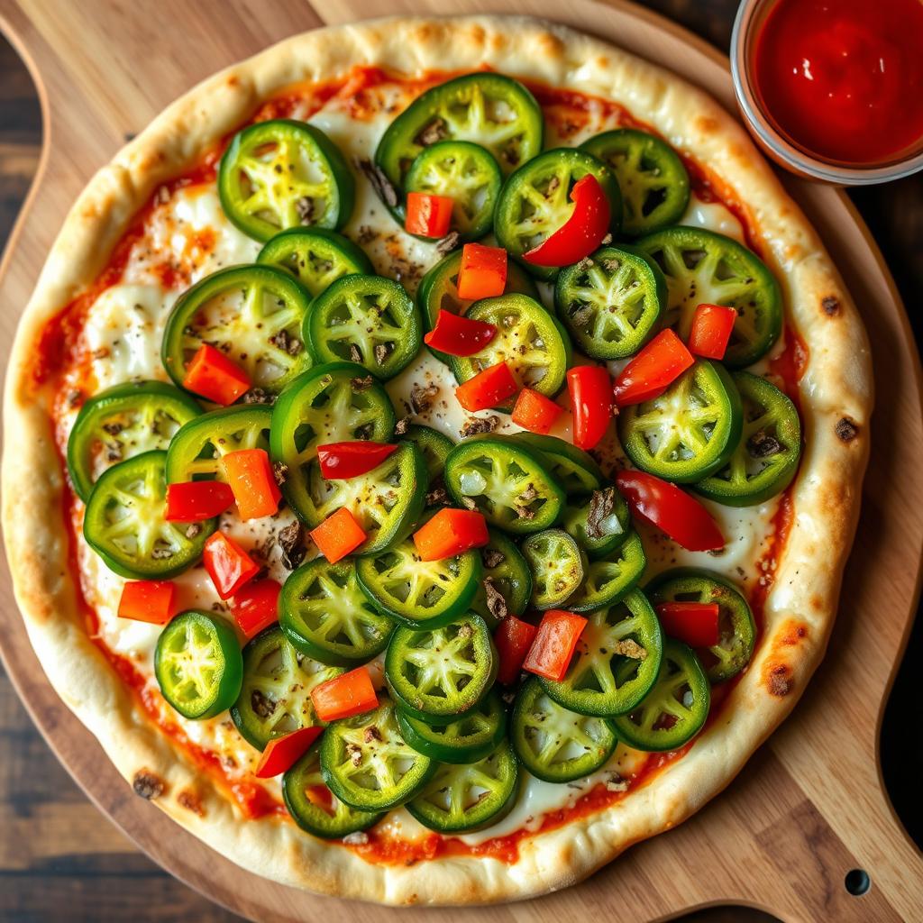 A mouth-watering pizza showcasing an abundance of crunchy green capsicum slices layered atop a generous amount of gooey melted mozzarella cheese