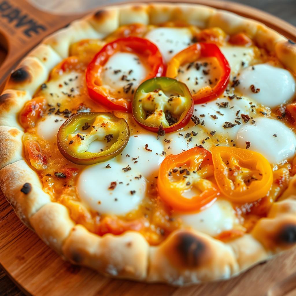 A beautifully baked pizza, featuring a crust that is perfectly golden and crispy, showing a slight char at the edges for added flavor