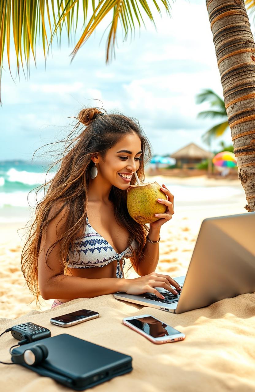 A bustling digital nomad workspace set on a serene beach, with a young woman working on a laptop under a palm tree, sipping a coconut drink