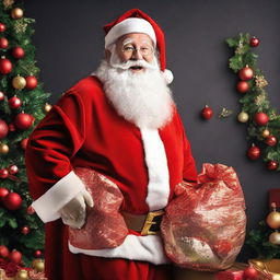 Santa Claus in his red suit, with a jovial expression, holding a sack full of gifts over his shoulder, amid Christmas decorations.