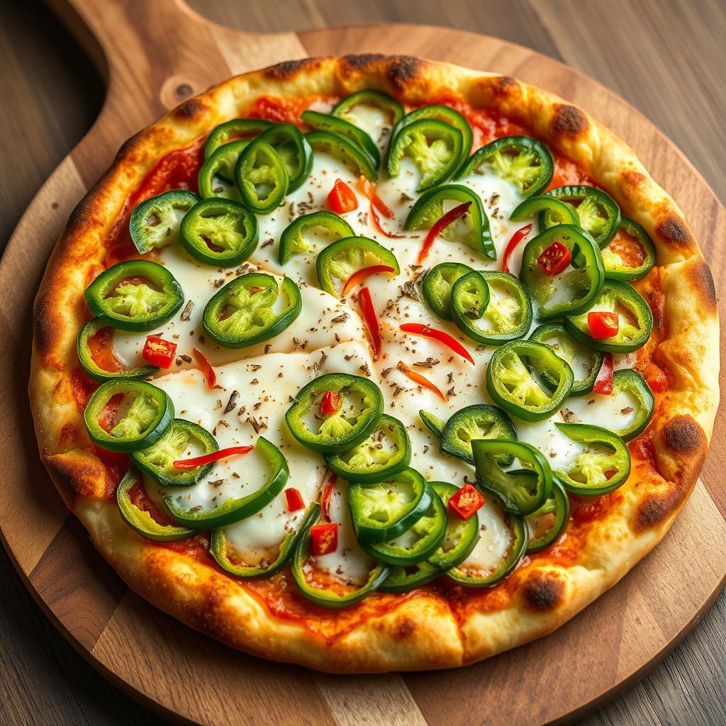 A deliciously baked pizza featuring an abundance of vibrant green capsicum slices layered generously atop a bubbling, melted mozzarella cheese