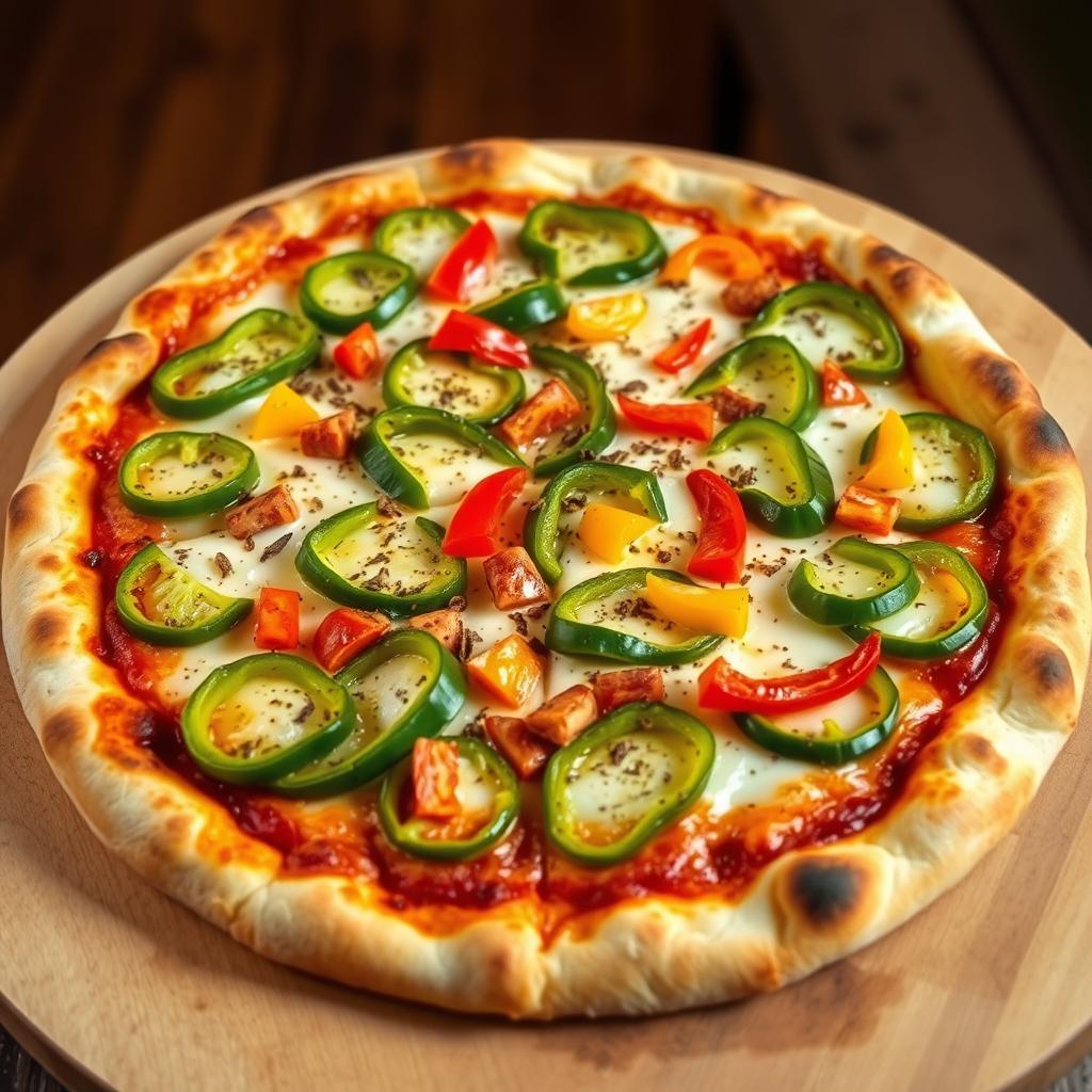 A perfectly baked pizza with a golden-brown, crispy crust that shows a delightful char around the edges