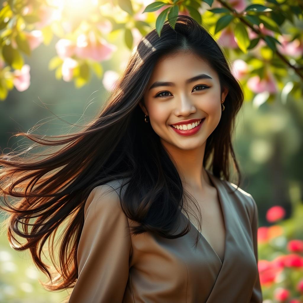 A stunning portrait with soft lighting showcasing a young woman with long flowing dark hair, wearing a stylish, elegant outfit that harmonizes with a tranquil outdoor background filled with vibrant flowers and greenery