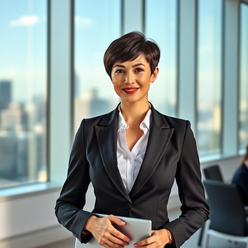 A professional woman wearing a stylish, tailored business suit, confidently standing in an office environment