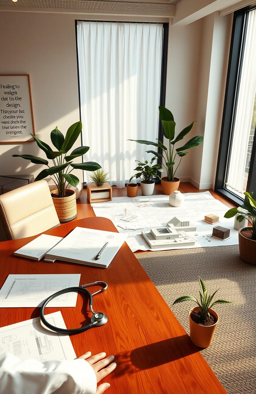 A romantic scene showcasing a serene collaboration space between a doctor and an architect