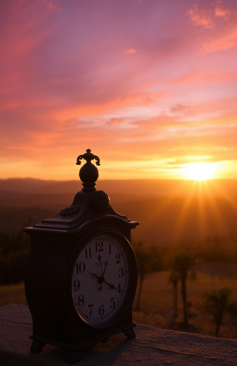 A beautiful sunrise scene featuring a vintage clock in the foreground, surrounded by a serene landscape