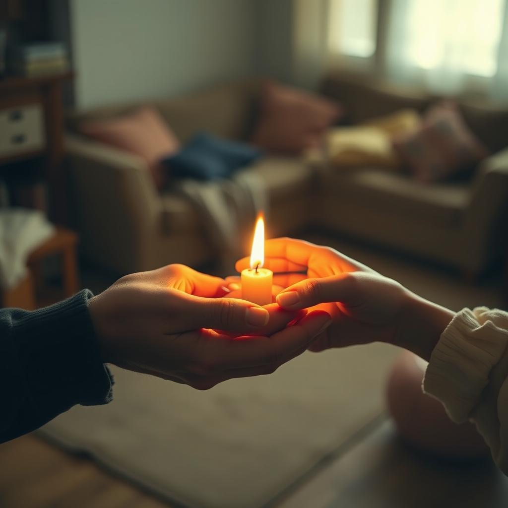 A symbolic representation of the concept "Embers of an Unsteady Flame", focusing on a pair of intertwined hands holding a small, flickering candle