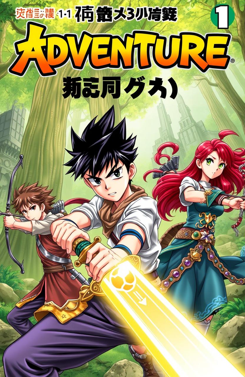 A vibrant and dynamic manga cover for an adventure story, featuring a diverse group of heroes