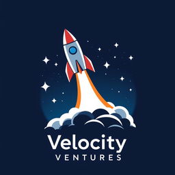 A logo design for 'Velocity Ventures' featuring a sleek rocket launching dramatically into a vibrant night sky dotted with stars