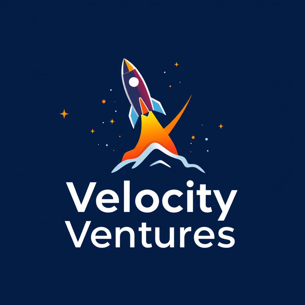 A logo design for 'Velocity Ventures' featuring a sleek rocket launching dramatically into a vibrant night sky dotted with stars
