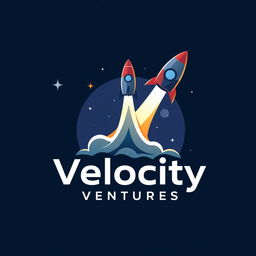 A logo design for 'Velocity Ventures' featuring a sleek rocket launching dramatically into a vibrant night sky dotted with stars