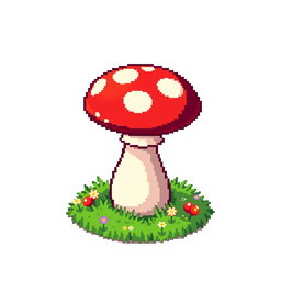 A whimsical pixel art side table designed to resemble a mushroom, featuring a bright red cap with white spots and a sturdy white stalk