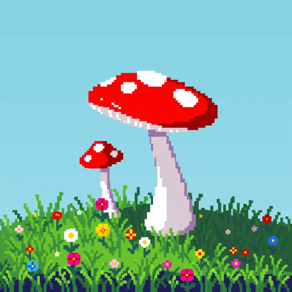 A whimsical pixel art side table designed to resemble a mushroom, featuring a bright red cap with white spots and a sturdy white stalk