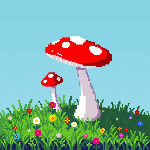 A whimsical pixel art side table designed to resemble a mushroom, featuring a bright red cap with white spots and a sturdy white stalk