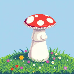 A whimsical pixel art side table designed to resemble a mushroom, featuring a bright red cap with white spots and a sturdy white stalk