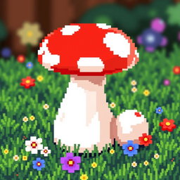 A whimsical pixel art side table designed to resemble a mushroom, featuring a bright red cap with white spots and a sturdy white stalk