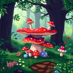 A pixel art style image of a whimsical mushroom table in a forest setting