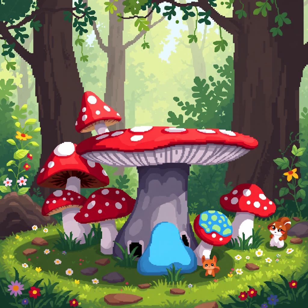A pixel art style image of a whimsical mushroom table in a forest setting