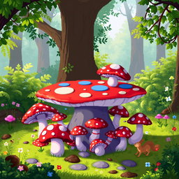 A pixel art style image of a whimsical mushroom table in a forest setting