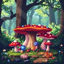 A pixel art style image of a whimsical mushroom table in a forest setting