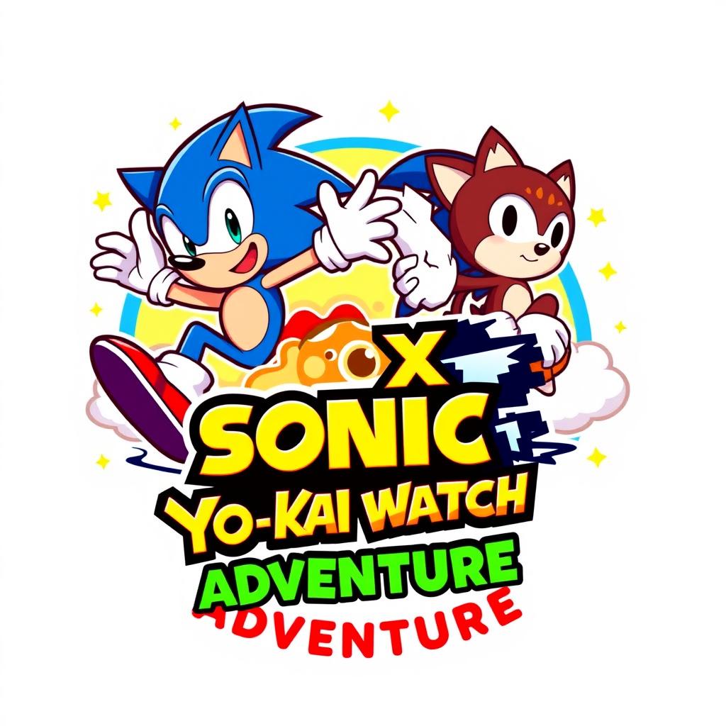 A vibrant and colorful logo design for a crossover series titled 'Sonic X Yo-kai Watch: Adventures'