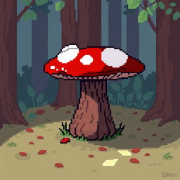A pixel art depiction of a whimsical mushroom side table, featuring vibrant colors, with a red and white spotted mushroom cap serving as the tabletop and a textured brown stem as the base