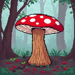 A pixel art depiction of a whimsical mushroom side table, featuring vibrant colors, with a red and white spotted mushroom cap serving as the tabletop and a textured brown stem as the base