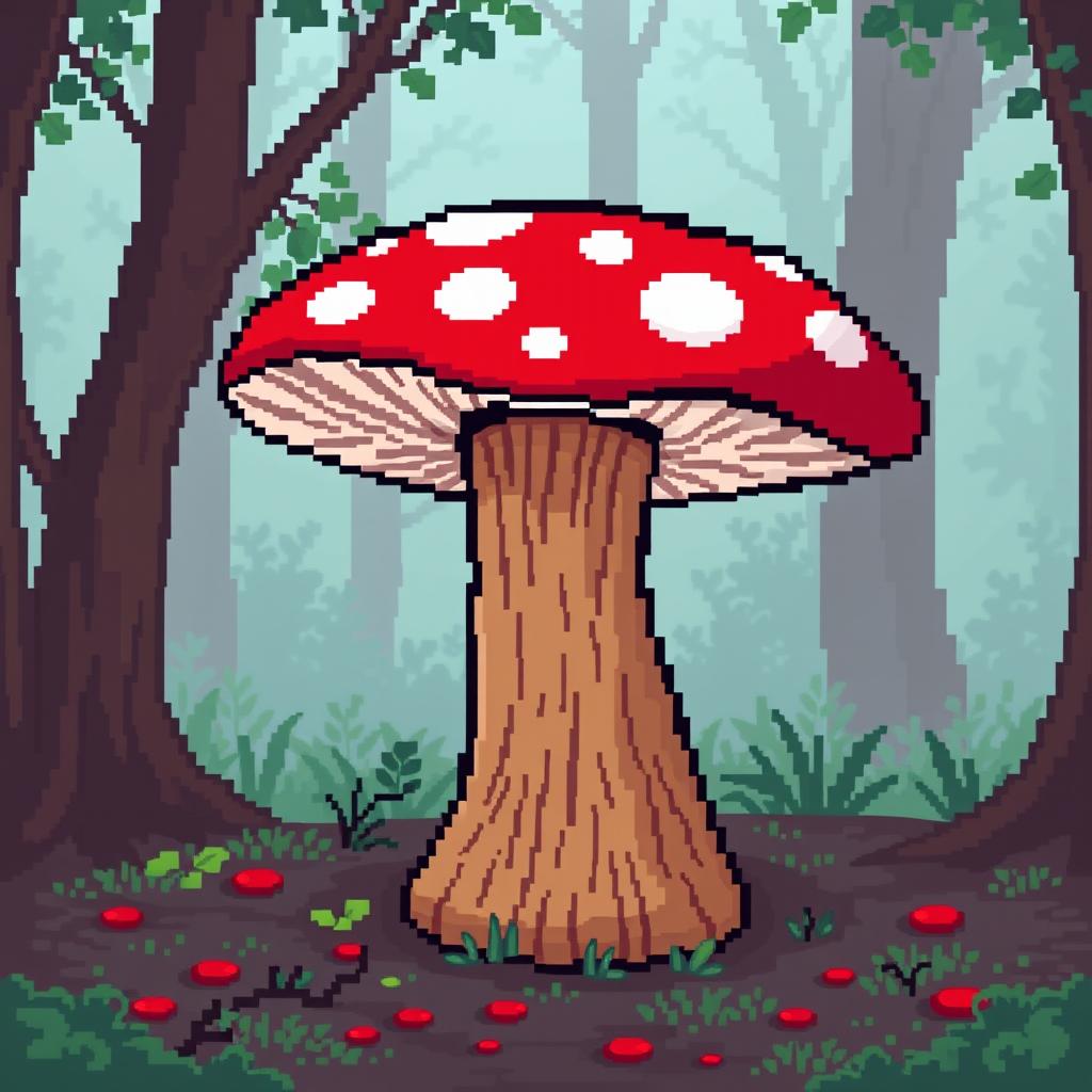 A pixel art depiction of a whimsical mushroom side table, featuring vibrant colors, with a red and white spotted mushroom cap serving as the tabletop and a textured brown stem as the base