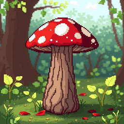 A pixel art depiction of a whimsical mushroom side table, featuring vibrant colors, with a red and white spotted mushroom cap serving as the tabletop and a textured brown stem as the base