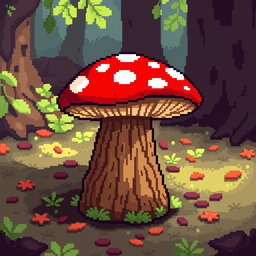 A pixel art depiction of a whimsical mushroom side table, featuring vibrant colors, with a red and white spotted mushroom cap serving as the tabletop and a textured brown stem as the base