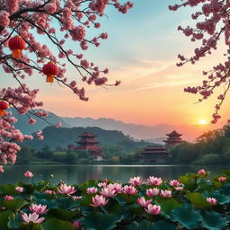 A picturesque background of a traditional Chinese landscape featuring rolling hills, lush greenery, and ancient temples