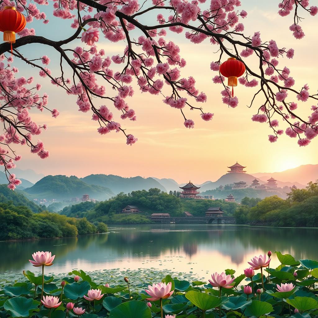 A picturesque background of a traditional Chinese landscape featuring rolling hills, lush greenery, and ancient temples