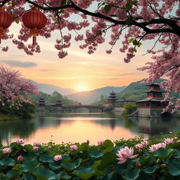 A picturesque background of a traditional Chinese landscape featuring rolling hills, lush greenery, and ancient temples