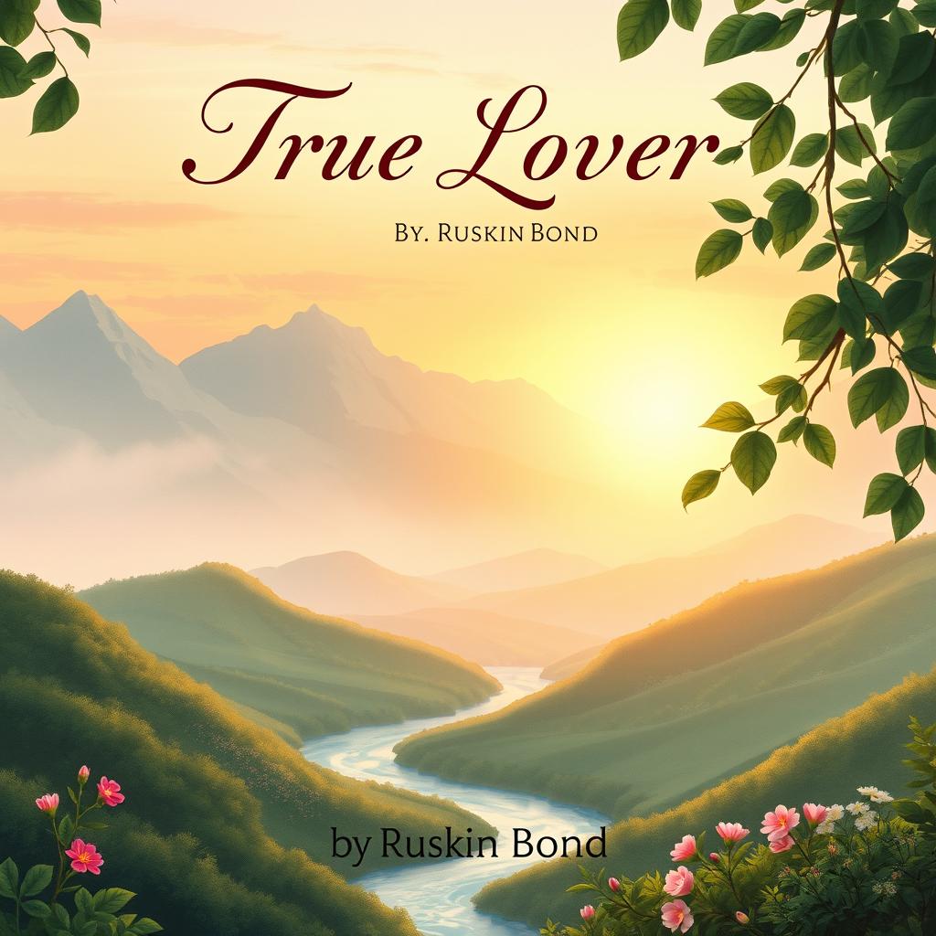 A captivating book cover for 'True Lover' by Ruskin Bond, featuring an enchanting landscape illustration that captures the essence of romance and nature