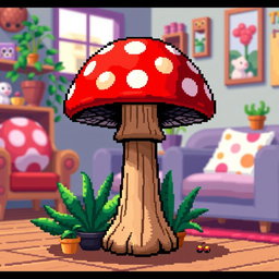 A pixel art illustration of a charming mushroom side table, featuring vibrant red and white polka dots on the mushroom cap, and a sturdy wooden stem