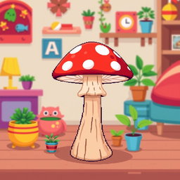 A pixel art illustration of a charming mushroom side table, featuring vibrant red and white polka dots on the mushroom cap, and a sturdy wooden stem