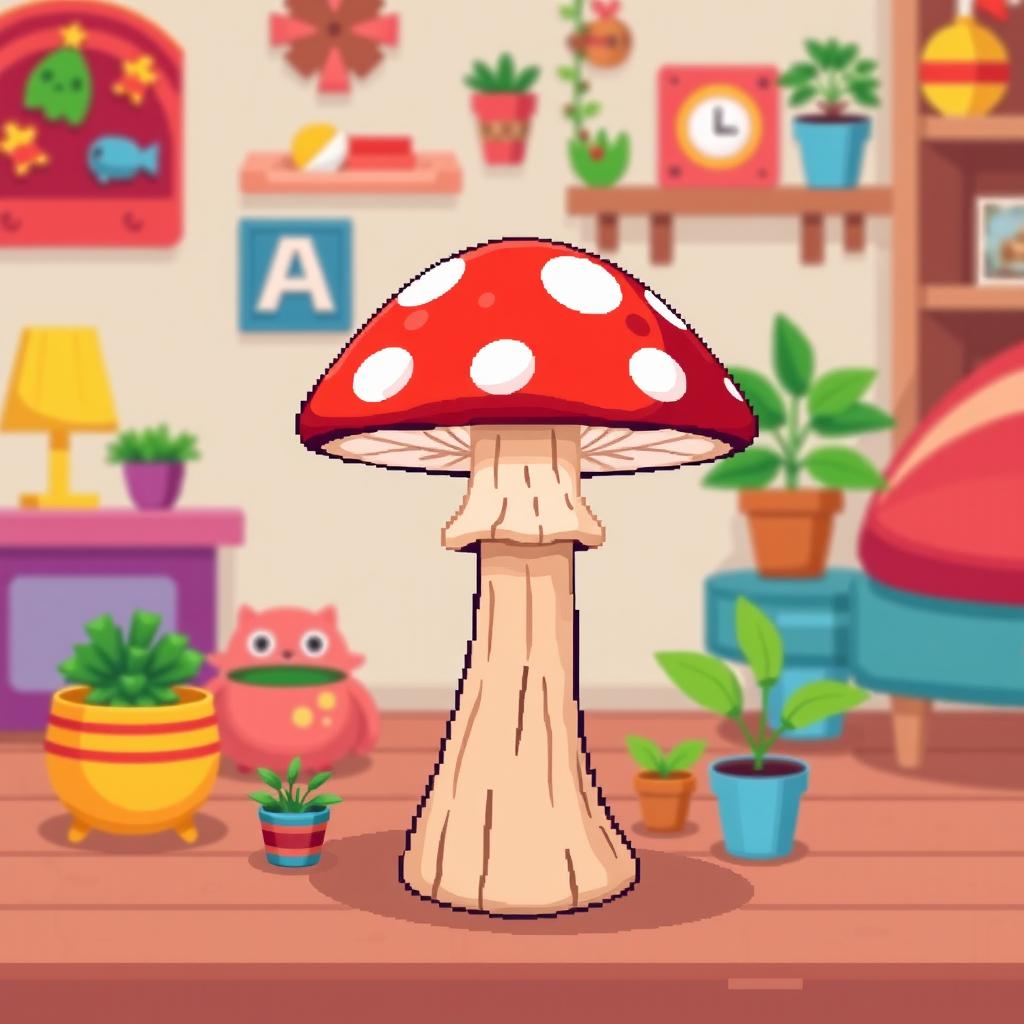 A pixel art illustration of a charming mushroom side table, featuring vibrant red and white polka dots on the mushroom cap, and a sturdy wooden stem