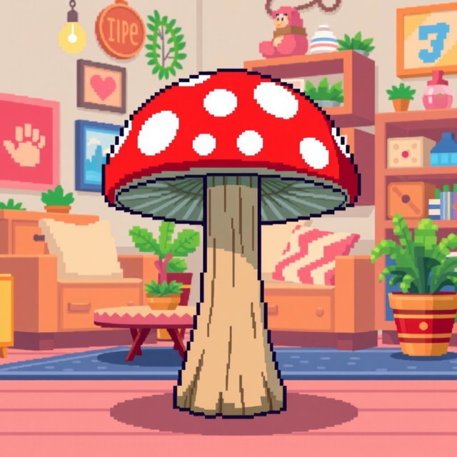 A pixel art illustration of a charming mushroom side table, featuring vibrant red and white polka dots on the mushroom cap, and a sturdy wooden stem