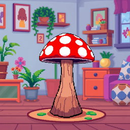 A pixel art illustration of a charming mushroom side table, featuring vibrant red and white polka dots on the mushroom cap, and a sturdy wooden stem