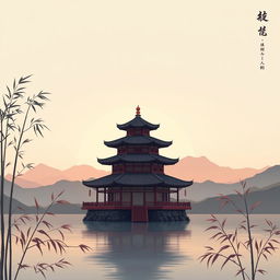 A simple yet beautiful background inspired by Chinese culture featuring iconic elements such as a traditional pagoda overlooking tranquil water, delicate bamboo stalks swaying gently in the breeze, and a soft, pastel sunset sky