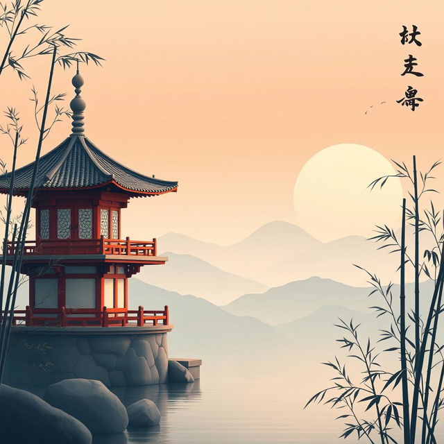A simple yet beautiful background inspired by Chinese culture featuring iconic elements such as a traditional pagoda overlooking tranquil water, delicate bamboo stalks swaying gently in the breeze, and a soft, pastel sunset sky