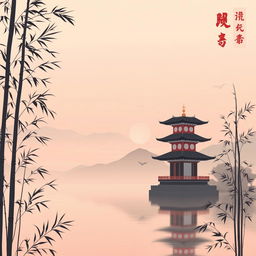 A simple yet beautiful background inspired by Chinese culture featuring iconic elements such as a traditional pagoda overlooking tranquil water, delicate bamboo stalks swaying gently in the breeze, and a soft, pastel sunset sky